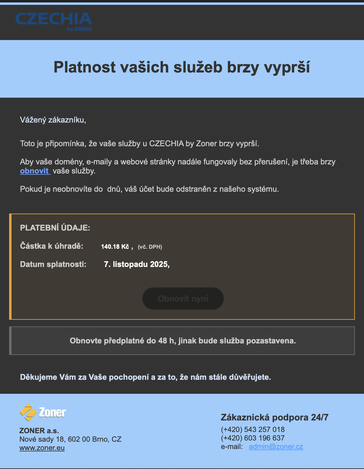 Podvodná zpráva poslaná jménem CZECHIA.COM